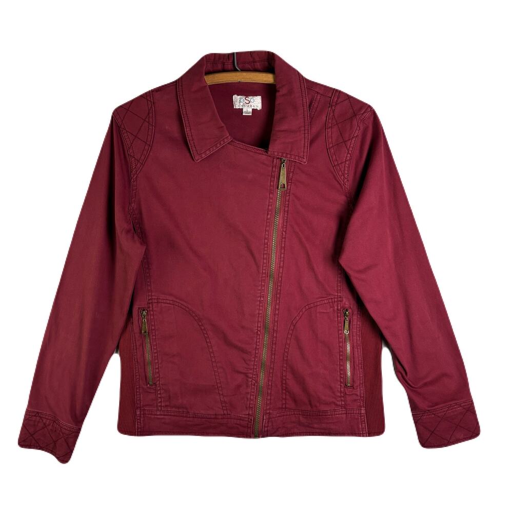 OSO Casuals Knit & Woven Asymmetrical Zip Burgundy Jacket Womens Size L